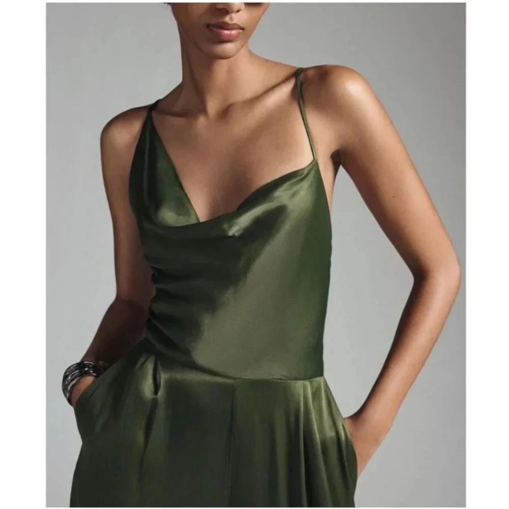 Anthropologie Olive Green Satin Jumpsuit - Picture 2 of 9